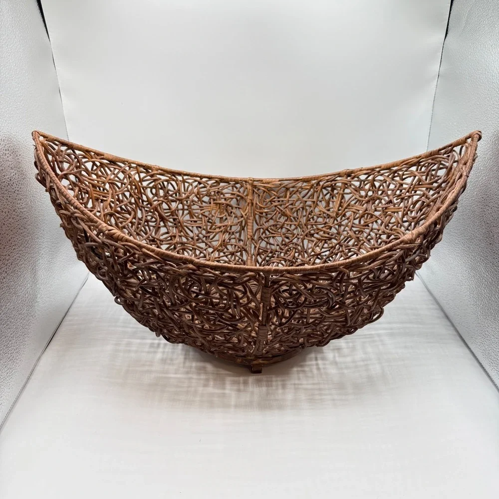 Vintage Sculptural Rattan Basket Bowl Wood Boho Organic Modern Centerpiece Decor